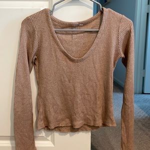 Tan long sleeve frayed ends top